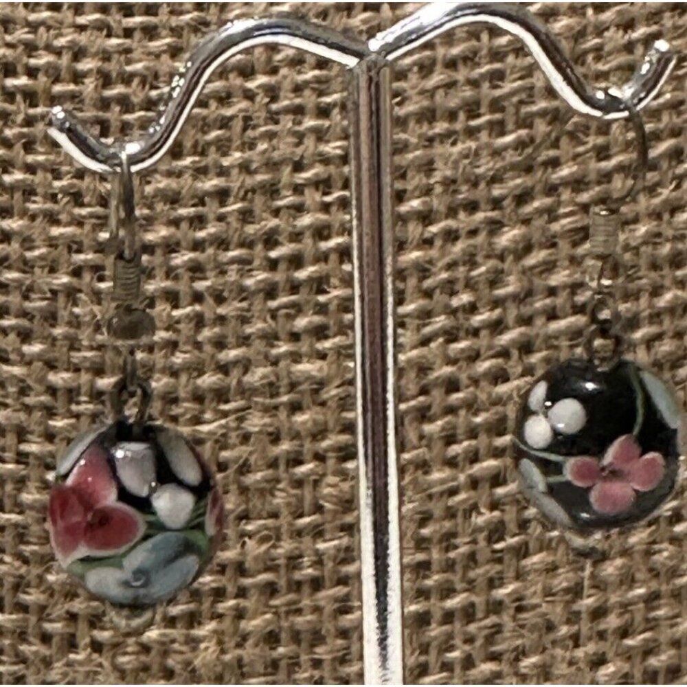 Murano Style Millefiori Art Glass Bead Drop Dangle Earrings Pierced Blue Ball